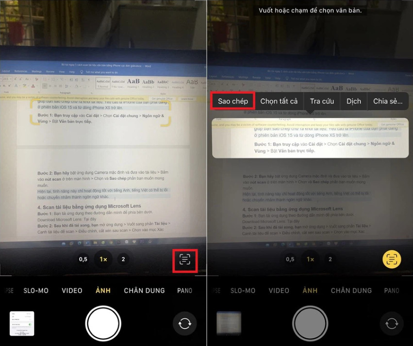 Scan bằng công cụ Live Text
